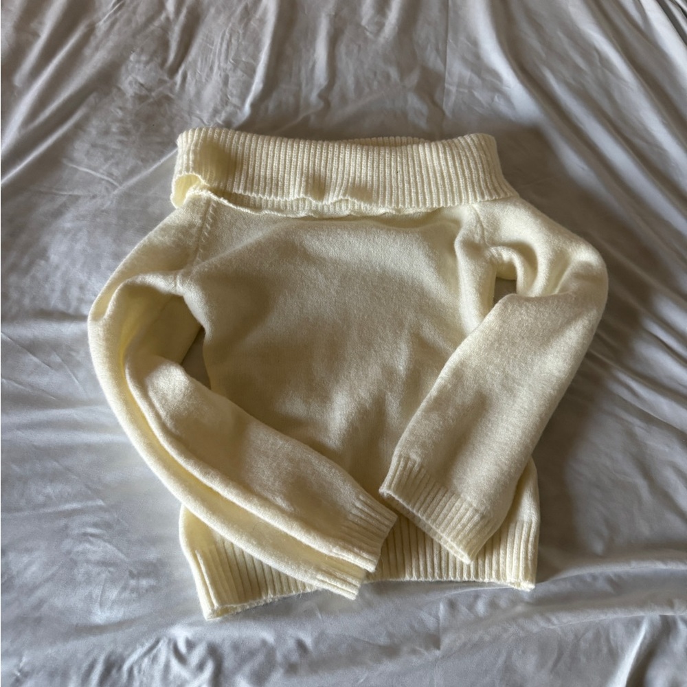 Cream Off The Shoulder Cowl Neck Sweater Ivory Oversized Cozy Knit Small - Picture 15 of 15
